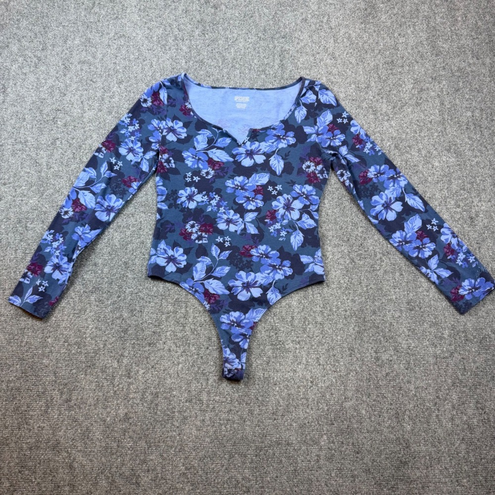 Pink Victoria's Secret Floral Bodysuit Blue Long Sleeve Notched Neck Small
